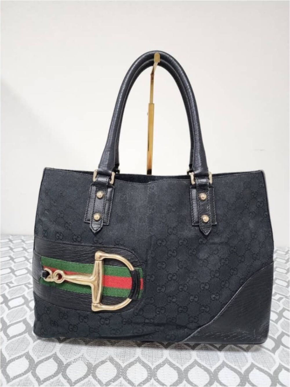 Authentic Gucci GG Canvas Horsebit Tote Bag Black